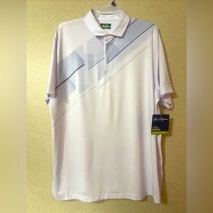 🆕 Men's 2XL White w/ blue geometric Stripes Performance Sports Polo Golf Sh…